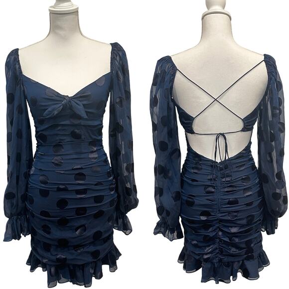 For Love And Lemons Dresses & Skirts - For Love & Lemons Lula Mini Dress Navy Polka Dot Ruched Chiffon Silk Party XS